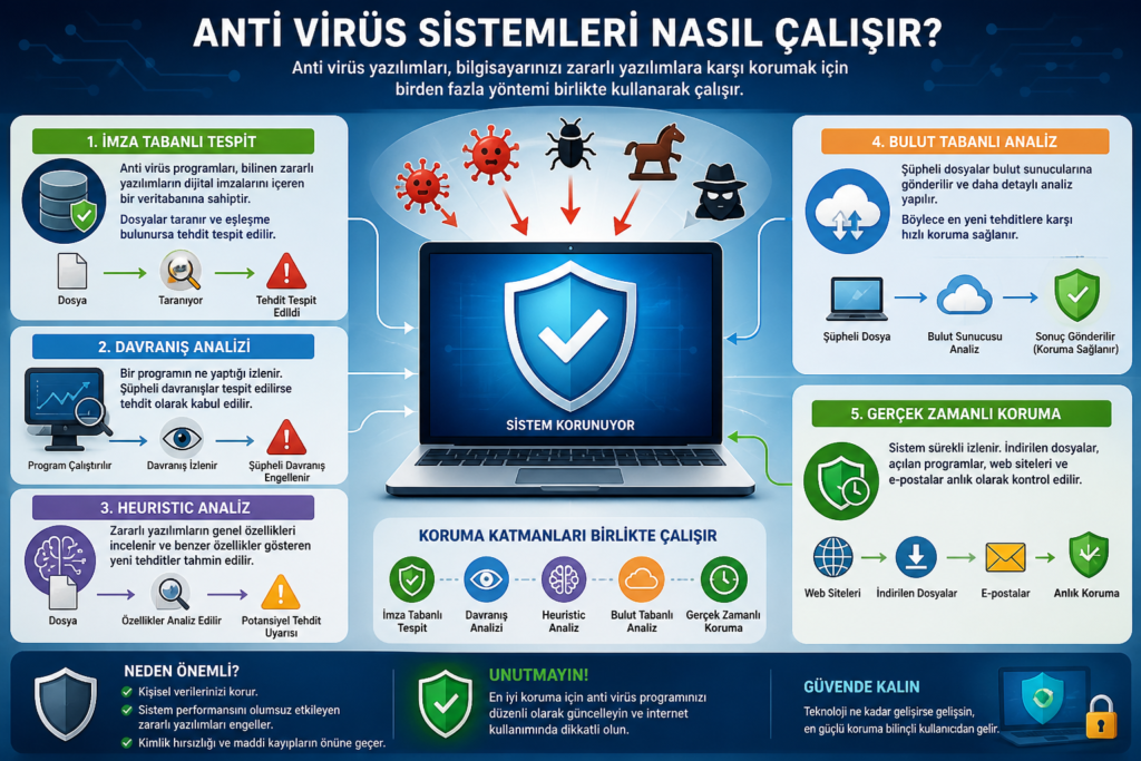 Anti virüs sistemlerinin kısaca nasıl çalışacağını ne yapacağını anlatan bir tablo